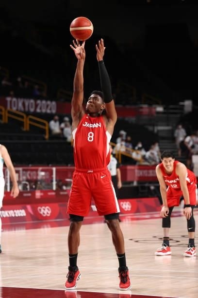 Rui Hachimura of the Japan Men's National Team shoots a free throw against the Slovenia Men's National Team during the 2020 Tokyo Olympics at the...
