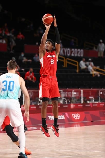 Rui Hachimura of the Japan Men's National Team shoots the ball against the Slovenia Men's National Team during the 2020 Tokyo Olympics at the Saitama...