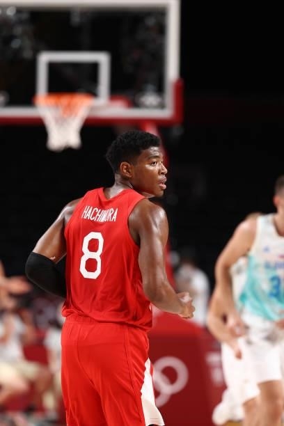 Rui Hachimura of the Japan Men's National Team looks on during the game against the Slovenia Men's National Team during the 2020 Tokyo Olympics at...