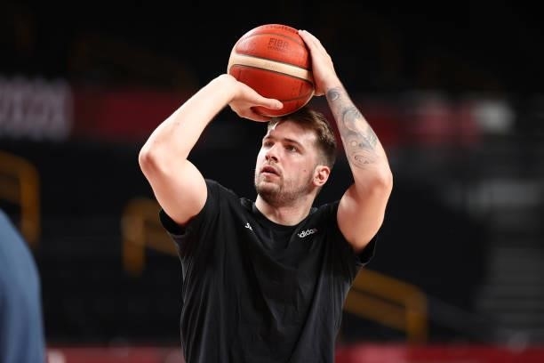 Luka Doncic of the Slovenia Men's National Team shoots the ball before the game against the Japan Men's National Team during the 2020 Tokyo Olympics...