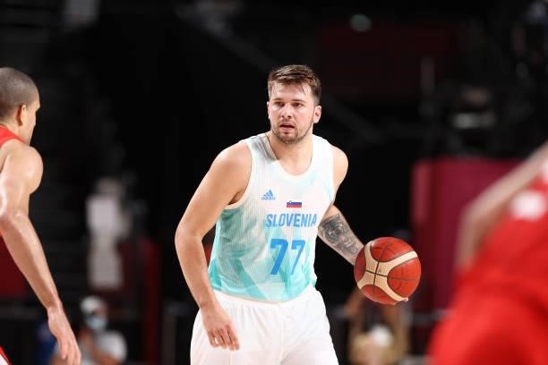 Luka Doncic of the Slovenia Men's National Team handles the ball against the Japan Men's National Team during the 2020 Tokyo Olympics at the Saitama...