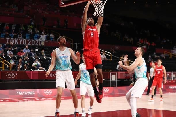 Rui Hachimura of the Japan Men's National Team dunks the ball against the Slovenia Men's National Team during the 2020 Tokyo Olympics at the Saitama...