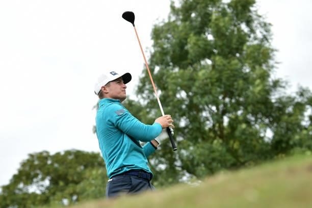 Calum Hill of Scotland tees off during the first round of The ISPS HANDA World Invitational at Galgorm Spa & Golf Resort on July 29, 2021 in...