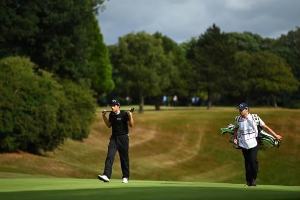 Carlos Pigem of Spain walks with caddie during the first round of The ISPS HANDA World Invitational at Massereene Golf Club on July 29, 2021 in...