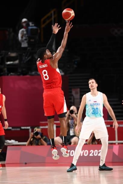 Rui Hachimura of the Japan Men's National Team shoots the ball against the Slovenia Men's National Team during the 2020 Tokyo Olympics at the Saitama...