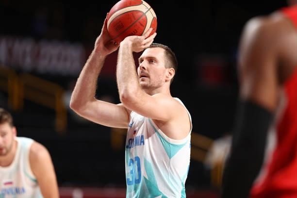 Zoran Dragic of the Slovenia Men's National Team shoots a free throw against the Japan Men's National Team during the 2020 Tokyo Olympics at the...