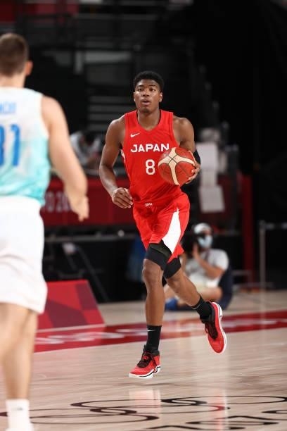 Rui Hachimura of the Japan Men's National Team dribbles the ball during the game against the Slovenia Men's National Team during the 2020 Tokyo...