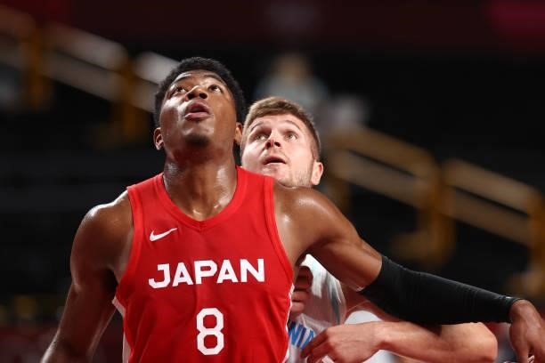 Rui Hachimura of the Japan Men's National Team looks up during the game against the Slovenia Men's National Team during the 2020 Tokyo Olympics at...