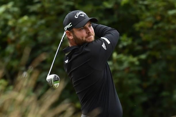 Jordan Smith of England tees off during the first round of The ISPS HANDA World Invitational at Galgorm Spa & Golf Resort on July 29, 2021 in...