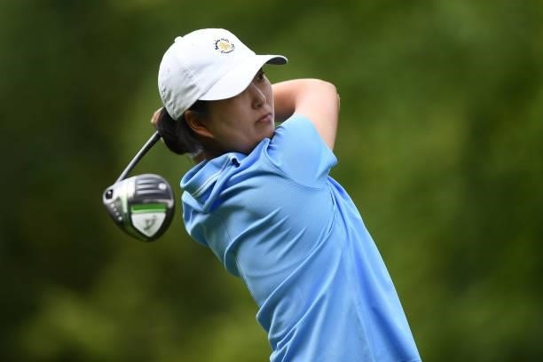 Min Seo Kwak of Korea tees off during the first round of The ISPS HANDA World Invitational at Massereene Golf Club on July 29, 2021 in Antrim, United...