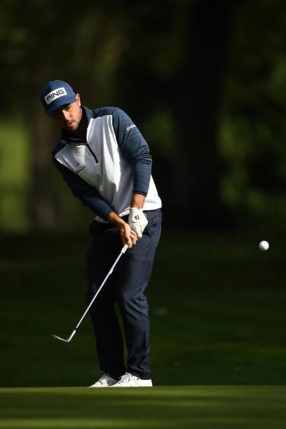 Sebastian Garcia Rodriguez of Spain chips during the first round of The ISPS HANDA World Invitational at Massereene Golf Club on July 29, 2021 in...