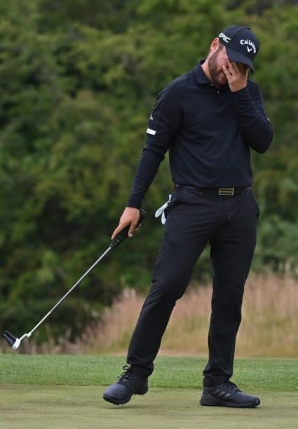 Jordan Smith of England reacts to a putt during the first round of The ISPS HANDA World Invitational at Galgorm Spa & Golf Resort on July 29, 2021 in...