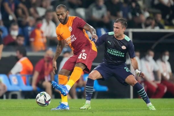 Marcao of Galatasaray, Mario Gotze of PSV during the UEFA Champions League match between Galatasaray v PSV at the Turk Telekom Stadium on July 28,...