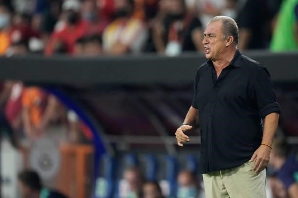 Coach Fatih Terim of Galatasaray during the UEFA Champions League match between Galatasaray v PSV at the Turk Telekom Stadium on July 28, 2021 in...