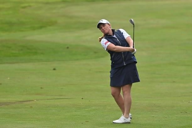 Gemma Dryburgh of Scotland chips during the first round of The ISPS HANDA World Invitational at Galgorm Spa & Golf Resort on July 29, 2021 in...