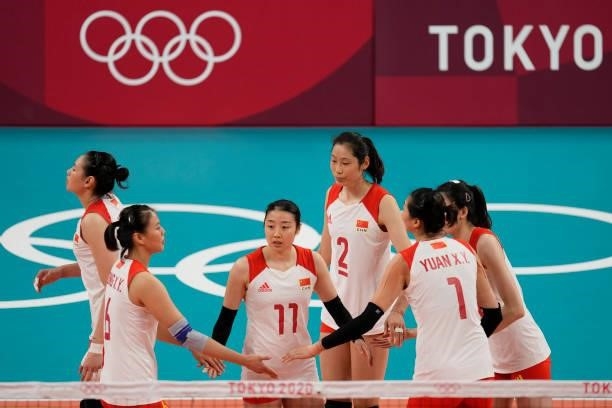 Zhu Ting of China hits the ball during the Women's Preliminary - Pool B volleyball match between China and ROC on day six of the Tokyo 2020 Olympic...
