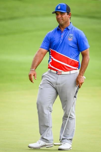 Rafael Campos of Team Puerto Rico reacts to his putt during the first round of Mens Individual Stroke Play Golf on day six of the Tokyo 2020 Olympic...