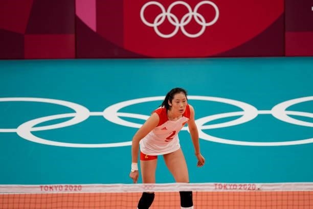 Zhu Ting of China hits the ball during the Women's Preliminary - Pool B volleyball match between China and ROC on day six of the Tokyo 2020 Olympic...