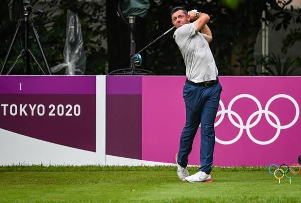 Rory McIlroy of Team Ireland follows through as he plays his shot from the 17th tee during the first round of Mens Individual Stroke Play Golf on day...
