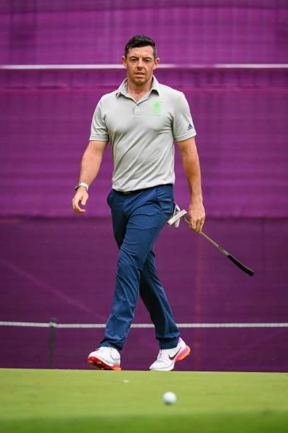 Rory McIlroy of Team Ireland reacts to his putt with his Scotty Cameron putter on the 16th hole green during the first round of Mens Individual...