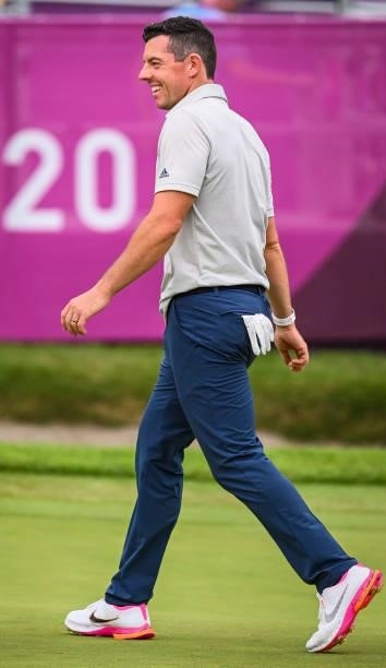 Rory McIlroy of Team Ireland smiles on the 18th hole following the first round of Mens Individual Stroke Play Golf on day six of the Tokyo 2020...