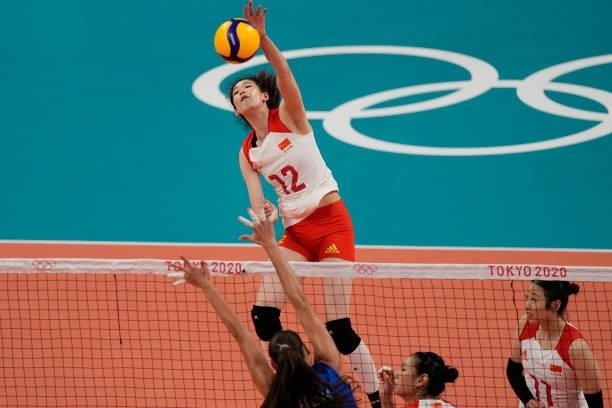 Li Yingying of China hits the ball during the Women's Preliminary - Pool B volleyball match between China and ROC on day six of the Tokyo 2020...