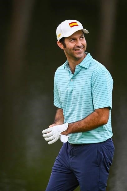 Jorge Campillo of Team Spain smiles on the 18th hole during the first round of Mens Individual Stroke Play Golf on day six of the Tokyo 2020 Olympic...