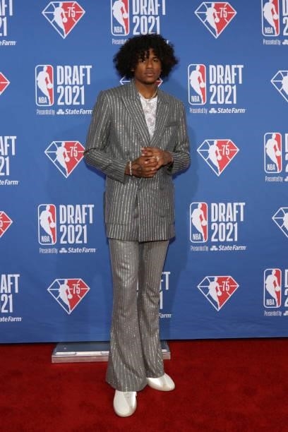 Jalen Green arrives to the 2021 NBA Draft on July 29, 2021 at the Barclays Center, New York. NOTE TO USER: User expressly acknowledges and agrees...