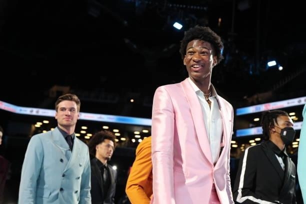 Kai Jones smiles during the 2021 NBA Draft on July 29, 2021 at the Barclays Center, New York. NOTE TO USER: User expressly acknowledges and agrees...