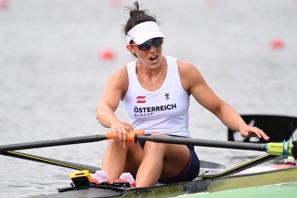 Austria's Magdalena Lobnig reacts after winning bronze medal in the women's single sculls final during the Tokyo 2020 Olympic Games at the Sea Forest...