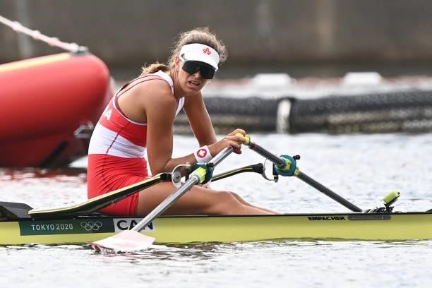 Canada's Carling Zeeman reacts after the finish of the women's single sculls final B during the Tokyo 2020 Olympic Games at the Sea Forest Waterway...