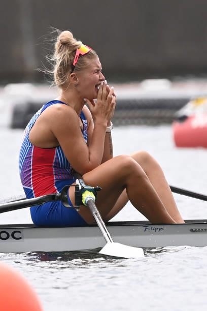 Russia's Hanna Prakhatsen reacts after winning the silver medal in the women's single sculls final during the Tokyo 2020 Olympic Games at the Sea...