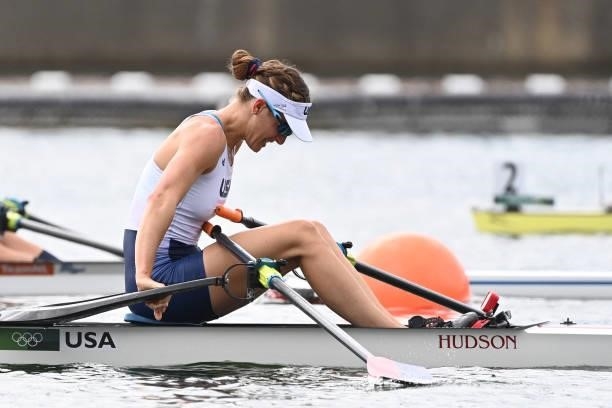 S Kara Kohler reacts after the finish of the women's single sculls final B during the Tokyo 2020 Olympic Games at the Sea Forest Waterway in Tokyo on...