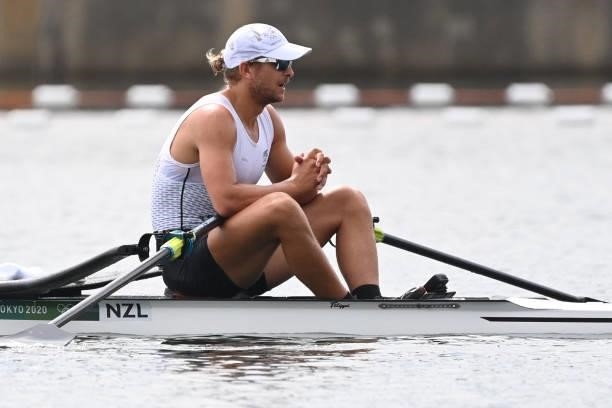 New Zealand's Jordan Parry reacts after the men's single sculls final C during the Tokyo 2020 Olympic Games at the Sea Forest Waterway in Tokyo on...
