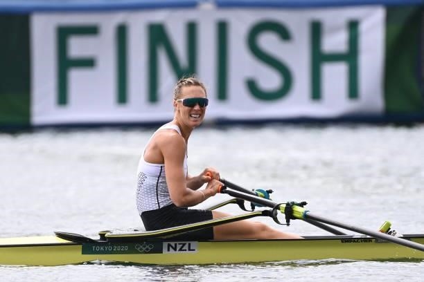 New Zealand's Emma Twigg reacts after winning the gold medal in the women's single sculls final during the Tokyo 2020 Olympic Games at the Sea Forest...