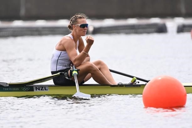 New Zealand's Emma Twigg reacts after winning the gold medal in the women's single sculls final during the Tokyo 2020 Olympic Games at the Sea Forest...