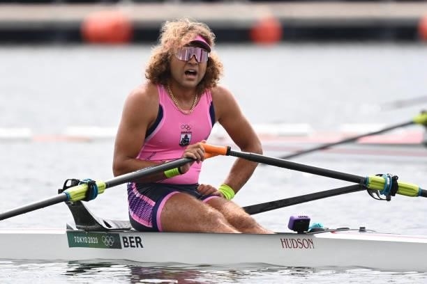 Bermuda's Dara Alizadeh reacts after the men's single sculls final C during the Tokyo 2020 Olympic Games at the Sea Forest Waterway in Tokyo on July...