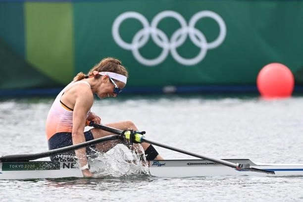Netherlands' Anna Sarah Sophie Souwer reacts after the finish of the women's single sculls final B during the Tokyo 2020 Olympic Games at the Sea...
