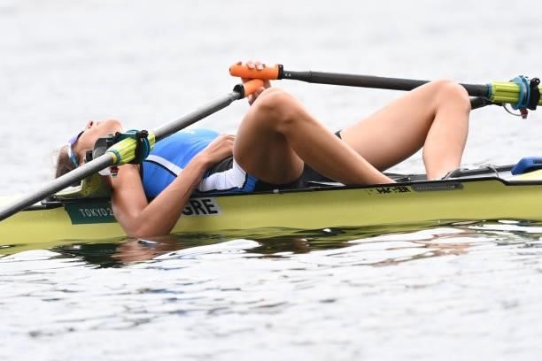 Greece's Anneta Kyridou reacts after the finish of the women's single sculls final B during the Tokyo 2020 Olympic Games at the Sea Forest Waterway...
