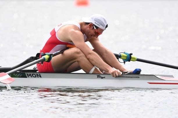 Monaco's Quentin Antognelli reacts after the men's single sculls final C during the Tokyo 2020 Olympic Games at the Sea Forest Waterway in Tokyo on...