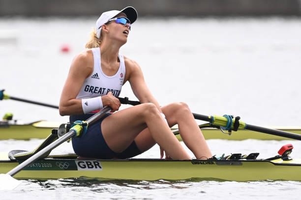 Britain's Victoria Thornley reacts after finishing fourth in the women's single sculls final during the Tokyo 2020 Olympic Games at the Sea Forest...