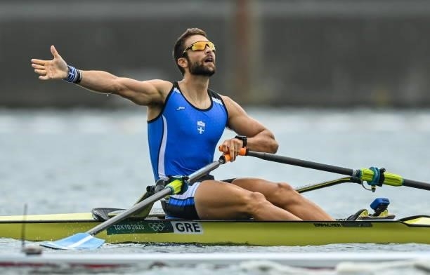 Tokyo , Japan - 30 July 2021; Stefanos Ntouskos of Greece celebrates after winning the Men's Single Sculls Final A at the Sea Forest Waterway during...