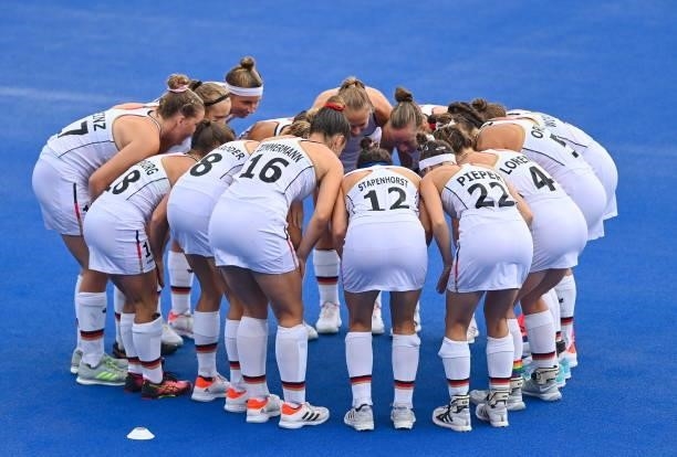Tokyo , Japan - 30 July 2021; The Germany team huddle before the women's pool A group stage match between South Africa and Germany at the Oi Hockey...