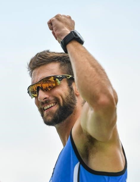 Tokyo , Japan - 30 July 2021; Stefanos Ntouskos of Greece celebrates after winning gold in the Men's Single Sculls Final A at the Sea Forest Waterway...