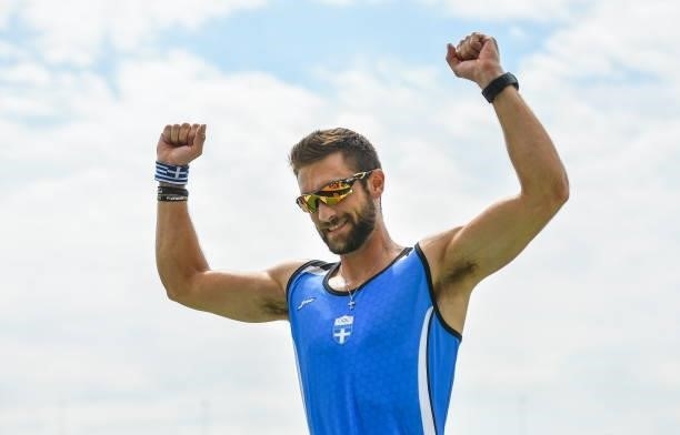 Tokyo , Japan - 30 July 2021; Stefanos Ntouskos of Greece celebrates after winning gold in the Men's Single Sculls Final A at the Sea Forest Waterway...