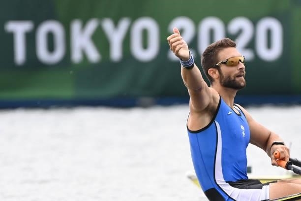 Greece's Stefanos Ntouskos reacts after winning the gold medal in the men's single sculls final during the Tokyo 2020 Olympic Games at the Sea Forest...