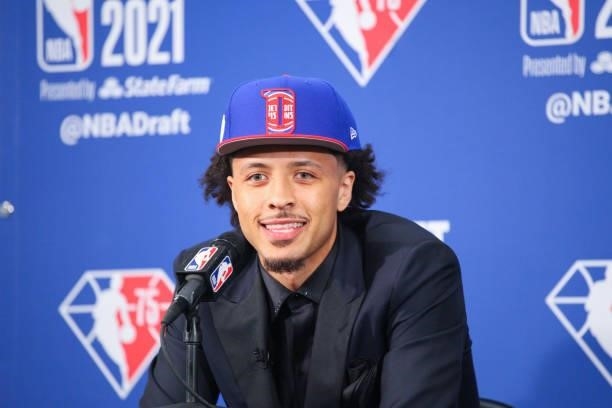Cade Cunningham talks to the media after being drafted first overall by the Detroit Pistons during the 2021 NBA Draft on July 29, 2021 at Barclays...