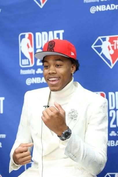 Scottie Barnes is interviewed after being selected by the Toronto Raptors during the 2021 NBA Draft on July 29, 2021 at Barclays Center in Brooklyn,...
