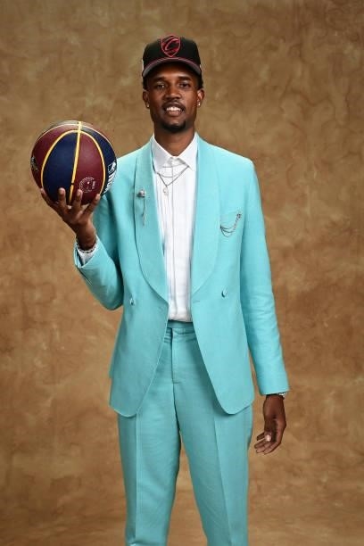 Evan Mobley poses for a portrait after being drafted by the Cleveland Cavaliers during the 2021 NBA Draft on July 29, 2021 at Barclays Center in...