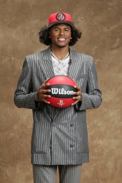 Jalen Green poses for a portrait after being drafted by the Houston Rockets during the 2021 NBA Draft on July 29, 2021 at Barclays Center in...